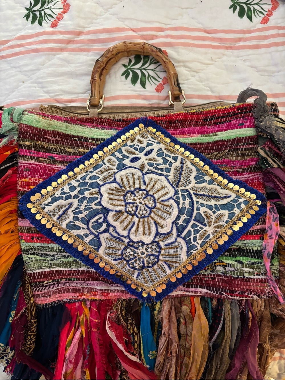 The Marina Large Bohemian Floral Lace Tote Bag with bamboo handle